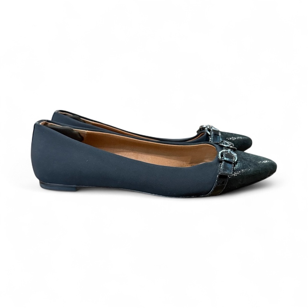 DONALD PLINER womens size 7 1/2 M black leather pointed cap toe ballet flats